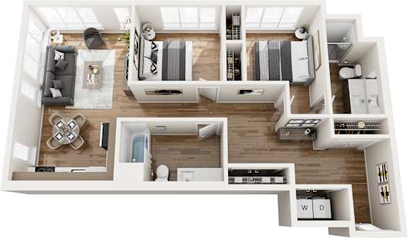 A top-down view of a modern apartment layout.