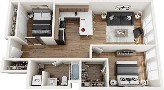A top-down view of a modern apartment layout with a living room, kitchen, and bedrooms.