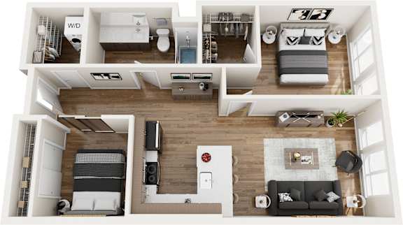 A top-down view of a modern apartment layout.
