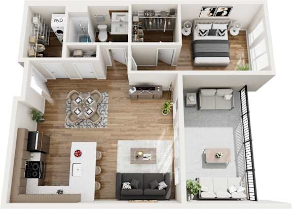 A 3D floor plan of a small apartment with a living room, kitchen, and bedrooms.