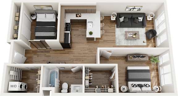 A top-down view of a small apartment with a bedroom, living room, kitchen, and bathroom.