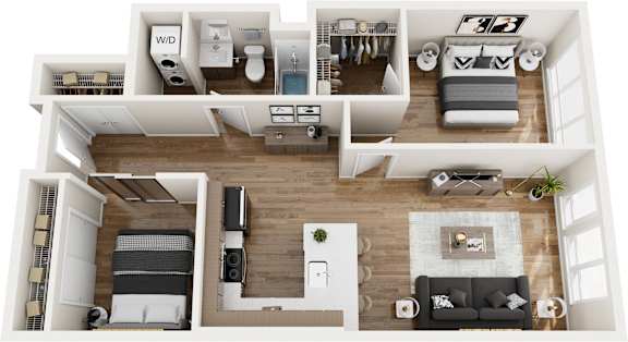A top-down view of a modern apartment layout.