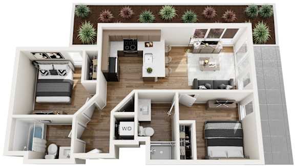 A top-down view of a small apartment layout with a living room, kitchen, and bedrooms.