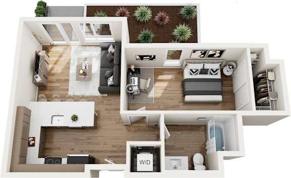 A top-down view of a modern apartment layout with a living room, kitchen, dining area, and bedrooms.