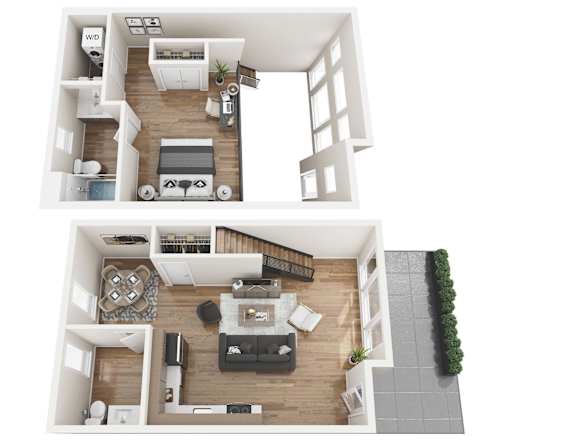 A top and bottom floor plan of a house with a living room, kitchen, and bathroom.