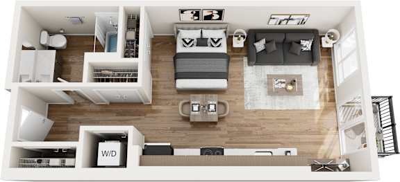 A top-down view of a modern apartment with two bedrooms, a living room, and a kitchen.