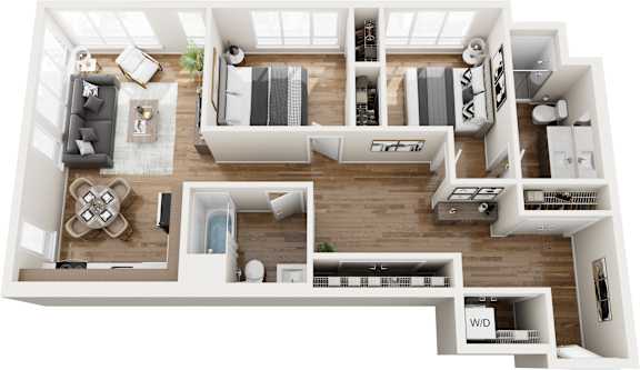 A top-down view of a modern apartment layout.