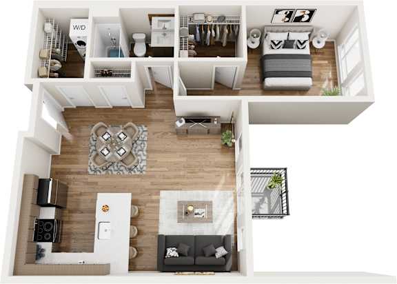 A top-down view of a modern apartment layout.