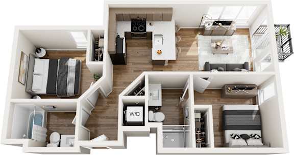 A top-down view of a small apartment layout with a kitchen, living room, and bedrooms.