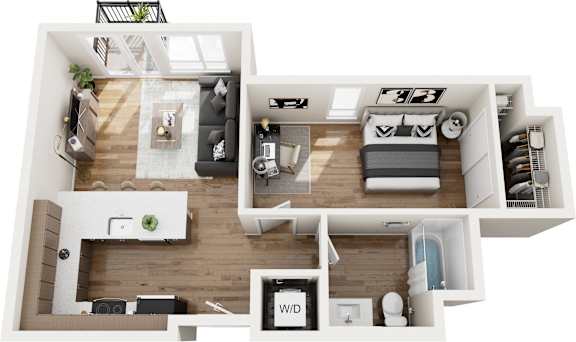 A top-down view of a modern apartment layout with labeled rooms.