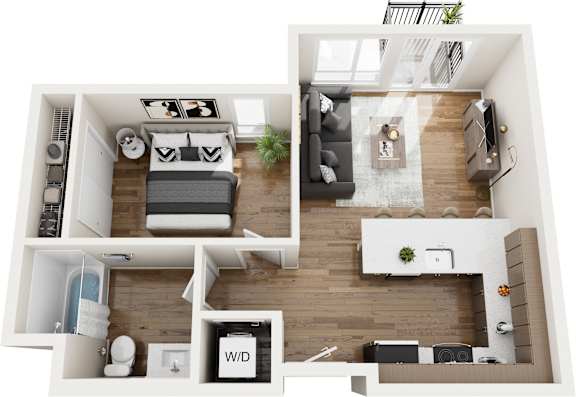 A top down view of a modern apartment layout.