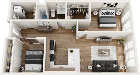 A top-down view of a modern apartment layout with a living room, kitchen, and bedroom.