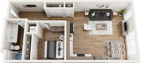A top-down view of a well-organized apartment with a living room, kitchen, and bedroom.