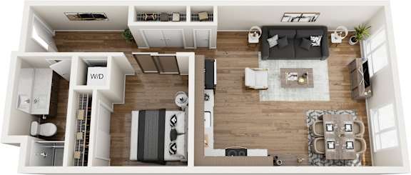A top-down view of a modern apartment layout with a living room, kitchen, and bedrooms.
