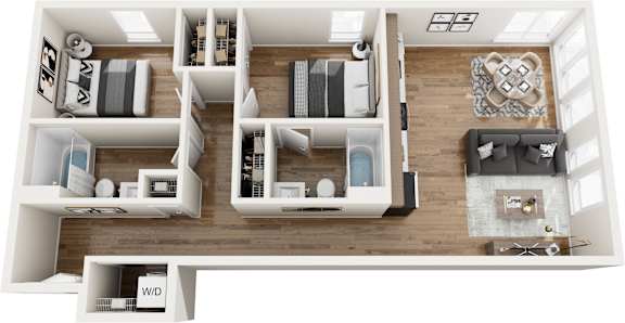 A 3D floor plan of a small apartment with a living room, kitchen, and bedrooms.