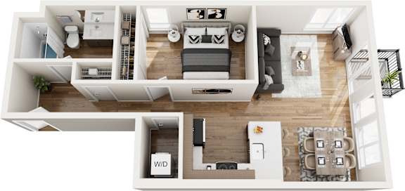 A floor plan of a two-bedroom apartment with a living room, kitchen, and bathroom.
