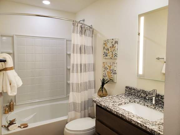 A bathroom with a white toilet, a shower curtain, a sink, and a mirror.