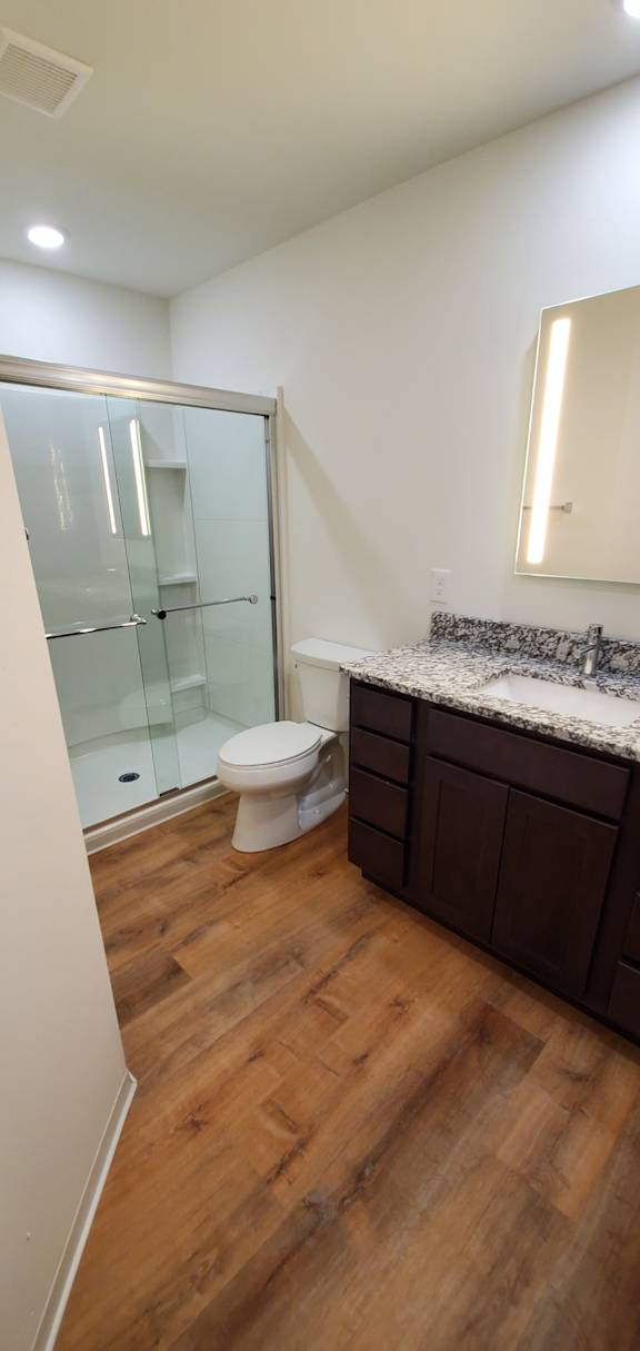 A bathroom with a toilet, sink, and wooden floors.