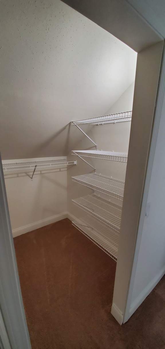 Empty white shelves in a room with brown carpet.