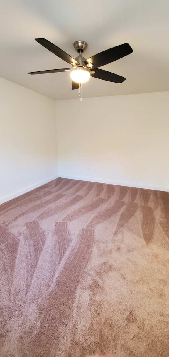 A ceiling fan with a light on in a room with a carpeted floor.