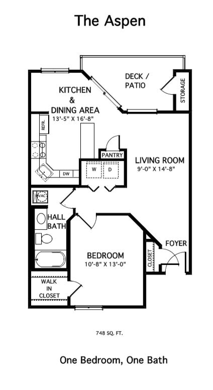 A black and white floor plan for a one bedroom, one bath apartment.