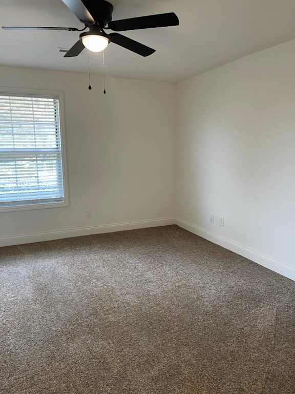 A room with a ceiling fan and carpeted floor.
