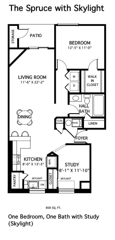 A floor plan of a small apartment with a study and a skylight.