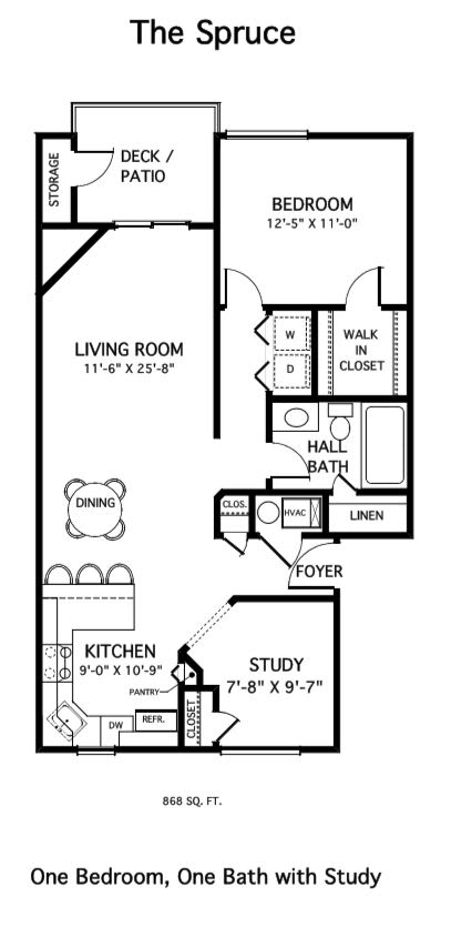 A floor plan of a one bedroom, one bath with study apartment.