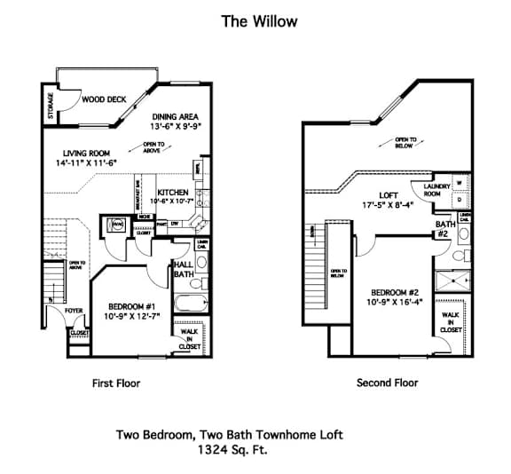 A drawing of a two bedroom, two bath townhouse.