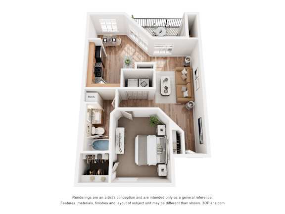 A 3D floor plan of a house with a kitchen, living room, and bathroom.
