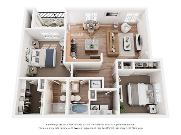 A 3D floor plan of a house with a kitchen, living room, and bathroom.