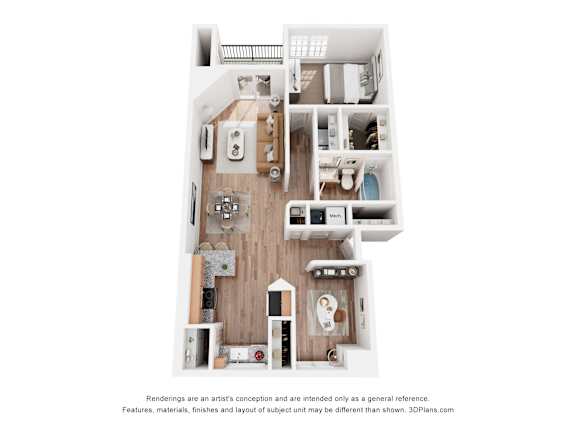 A 3D floor plan of a house with a kitchen, living room, and bathroom.