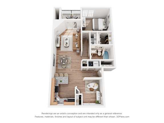 A 3D floor plan of a small apartment with a kitchen, living room, and bathroom.