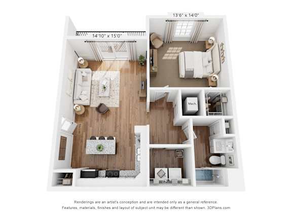 A 3D floor plan of a small apartment with a kitchen, living room, and bedroom.