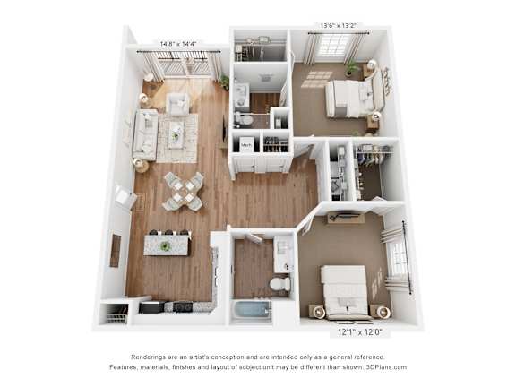 A floor plan of a two-bedroom apartment with a living room, kitchen, and bathroom.