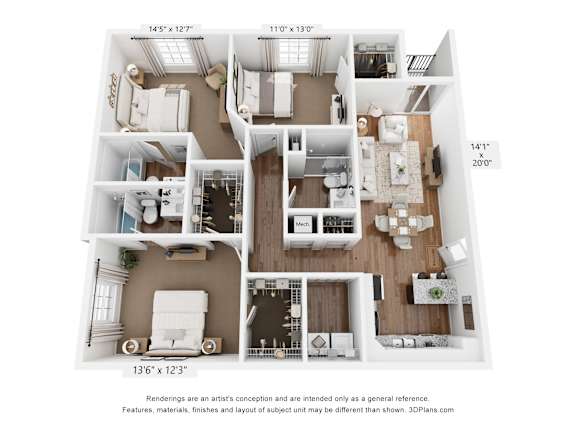 A floor plan of a two-bedroom apartment with a living room, kitchen, and bathroom.