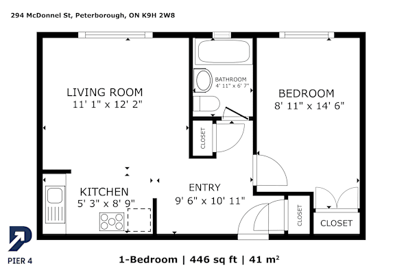 A floor plan of a one-bedroom apartment at 294 McDonnell St, Peterborough, ON K9H 2W8.
