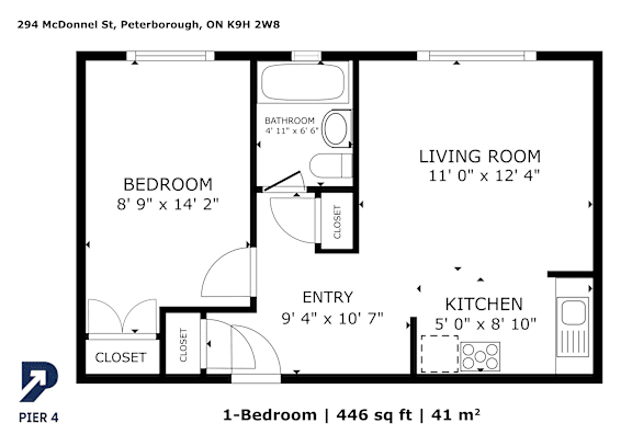 A floor plan of a one bedroom apartment with a living room, kitchen and bathroom.
