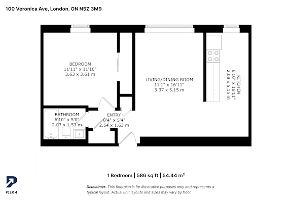 A black and white image of a floor plan for a one bedroom apartment.
