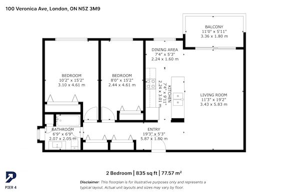 A black and white image of a floor plan for a 2 bedroom apartment.