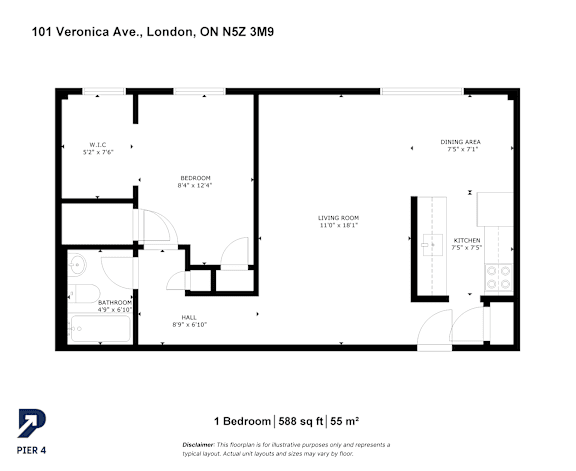 A black and white image of a floor plan for a 1 bedroom apartment.