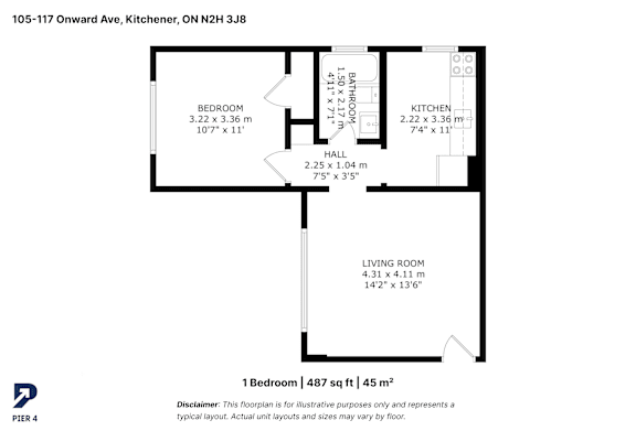 A black and white image of a floor plan for a one bedroom apartment.