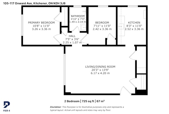 A black and white image of a floor plan for a two bedroom apartment.