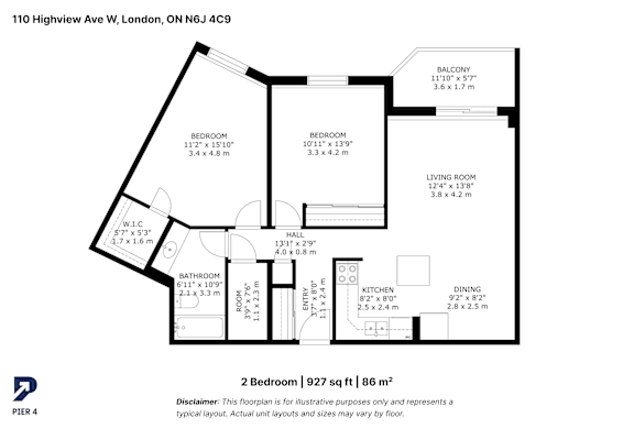 Floor plan for a 2 bedroom apartment.