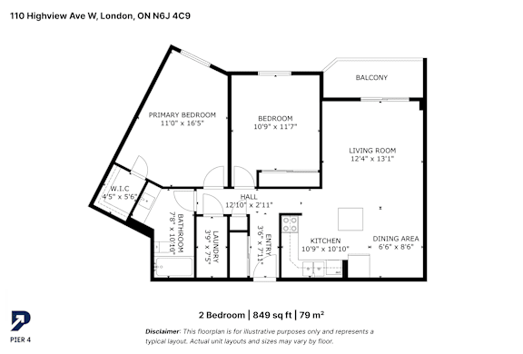 A black and white image of a 2 bedroom apartment floor plan.