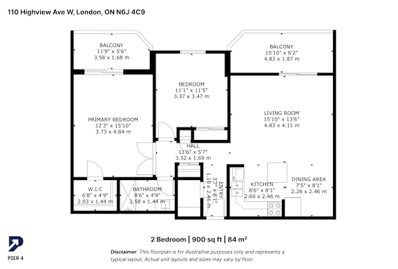 A floor plan for a 2 bedroom, 900 sq ft | 84 m2 room.