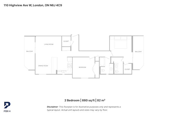 A floor plan for a 2 bedroom apartment at 110 Highview Ave W, London, ON N6J 4C9.