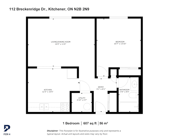 A floor plan for a one bedroom apartment at 112 Breckenridge Dr., Kitchener, ON N2B 2N9.