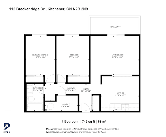 A black and white image of a floor plan for a one bedroom apartment.