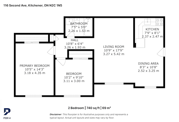 A floor plan for a 2 bedroom apartment sized at 740 sq ft or 69 m2.
